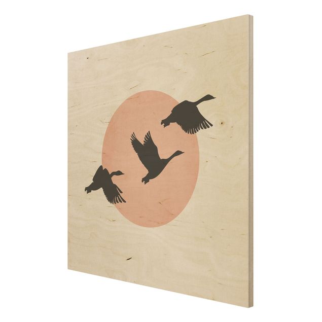 Holzbild - Vögel vor rosa Sonne III - Quadrat 1:1