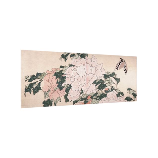 Spritzschutz Glas - Katsushika Hokusai - Rosa Pfingstrosen mit Schmetterling - Panorama - 5:2