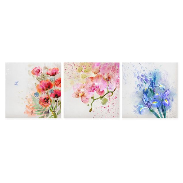 Leinwandbild 3-teilig - Aquarell Blumen Trio - Quadrate 1:1