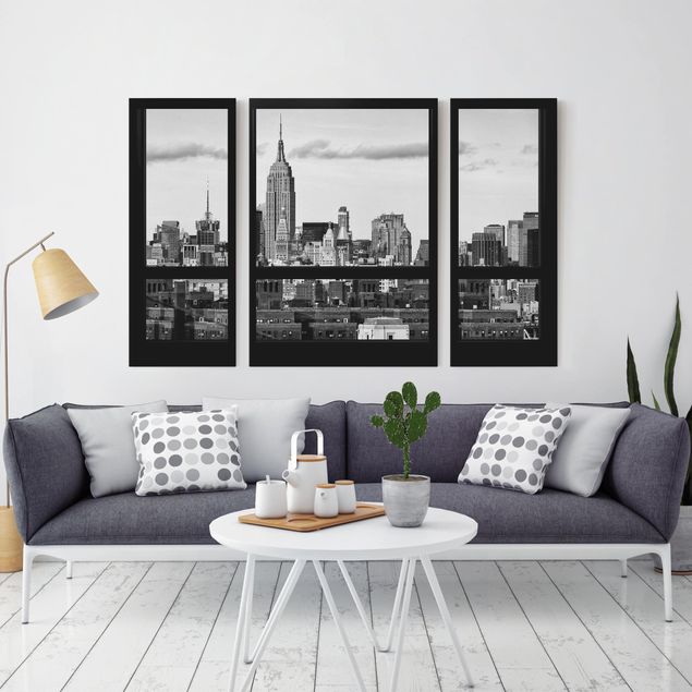 Leinwandbild 3-teilig - Fensterblick New York Skyline schwarz weiß - Triptychon