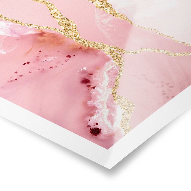 Poster - Abstrakte Berge Rosa mit Goldene Linien - Panorama Querformat