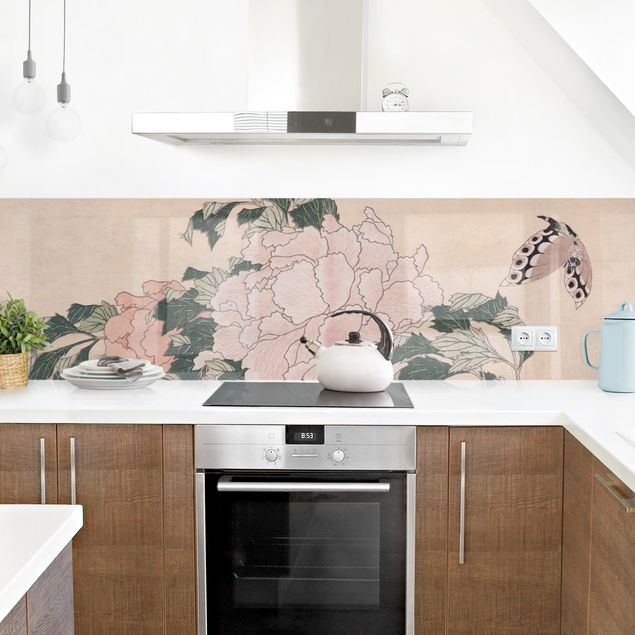 Küchenrückwand - Katsushika Hokusai - Rosa Pfingstrosen mit Schmetterling