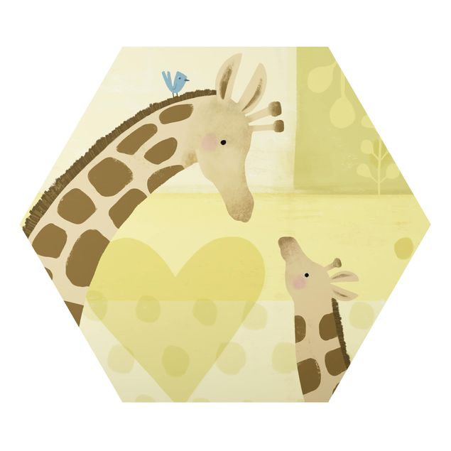 Hexagon Bild Alu-Dibond - Mama und ich - Giraffen