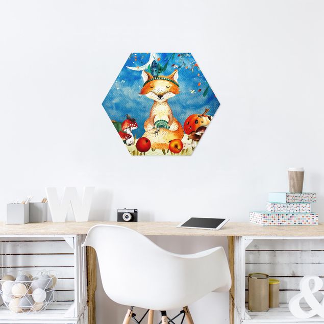 Hexagon Bild Forex - Aquarell Fuchs im Mondschein