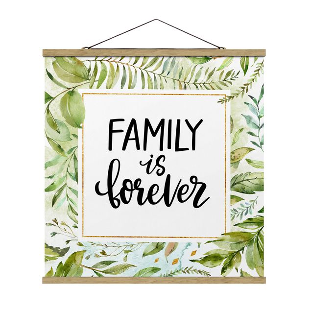 Stoffbild mit Posterleisten - Family is forever in goldenem Rahmen mit Palmenwedeln - Quadrat 1:1