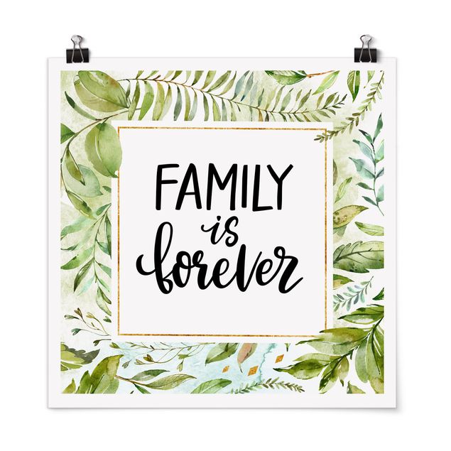 Poster - Family is forever in goldenem Rahmen mit Palmenwedeln - Quadrat 1:1