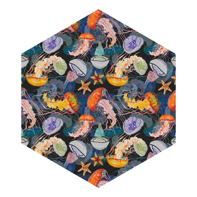 Hexagon Mustertapete selbstklebend - Farbenfrohe Quallen