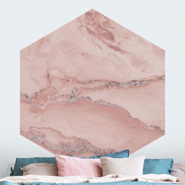 Hexagon Mustertapete selbstklebend - Farbexperimente Marmor Rose und Glitzer