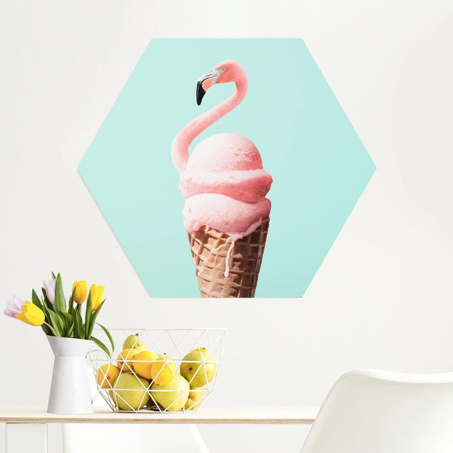 Hexagon Bild Alu-Dibond - Jonas Loose - Eis mit Flamingo