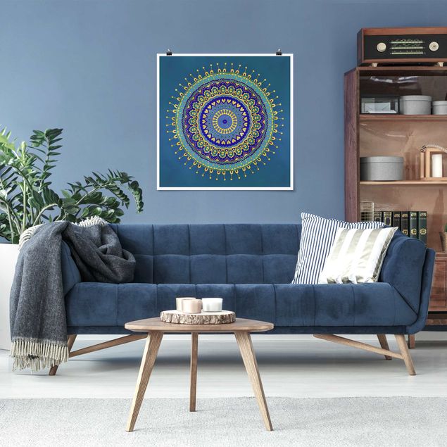 Poster - Mandala Blau Gold - Quadrat 1:1