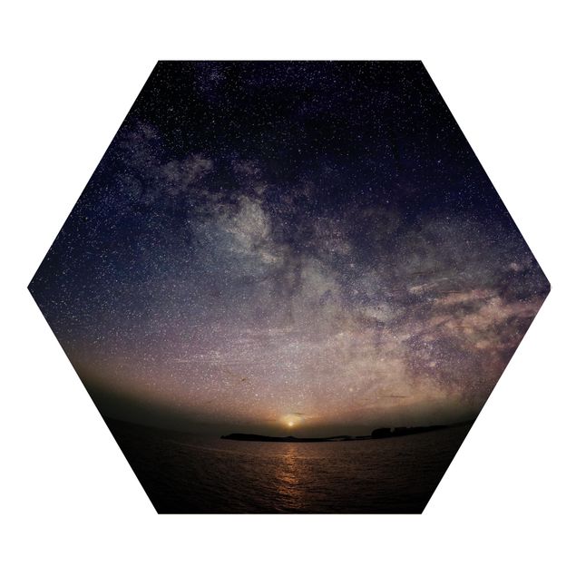 Hexagon Bild Holz - Sonne und Sternenhimmel am Meer