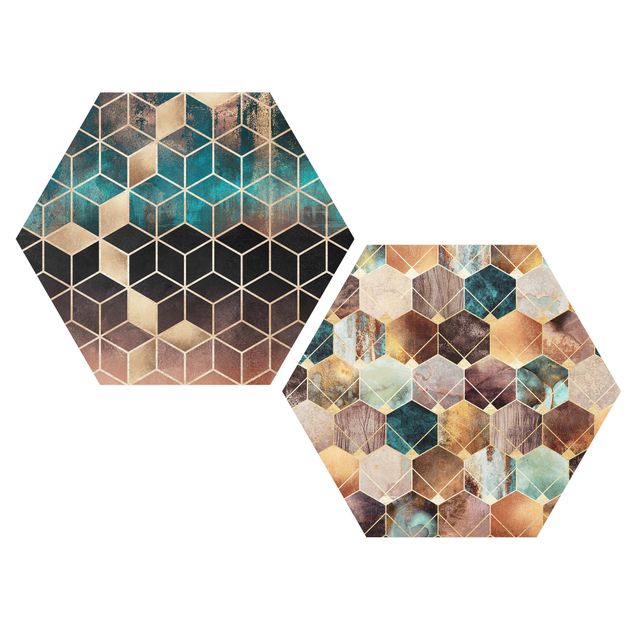 Hexagon Bild Alu-Dibond 2-teilig - Elisabeth Fredriksson - Türkise Geometrie goldenes Art Deco Set