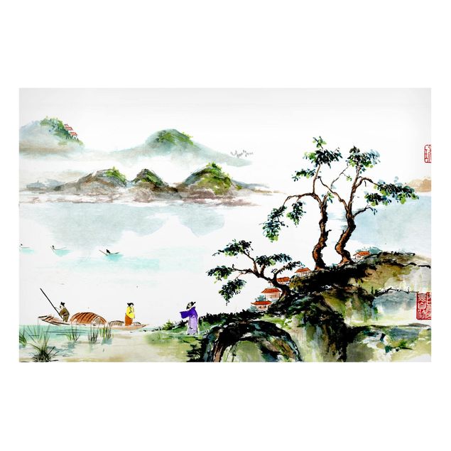 Magnettafel - Japanische Aquarell Zeichnung See und Berge - Memoboard Querformat 2:3