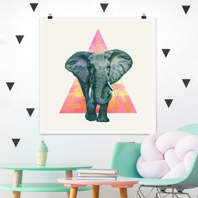 Poster - Illustration Elefant vor Dreieck Malerei - Quadrat 1:1