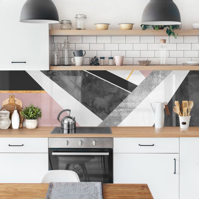 Küchenrückwand - Schwarz Weiß Geometrie mit Gold
