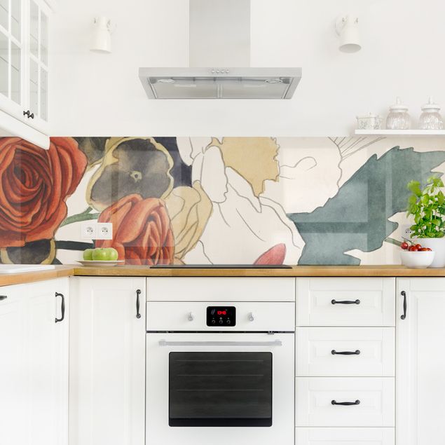 Küchenrückwand - Zeichnung Blumenbouquet in Rot und Sepia II