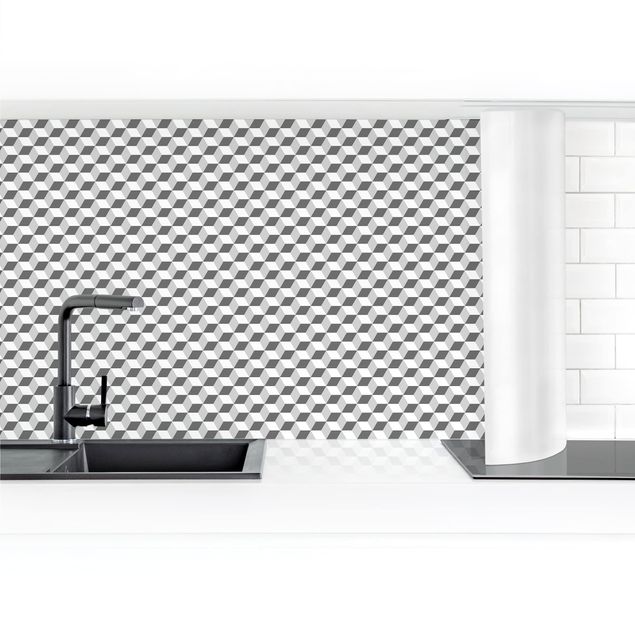 Küchenrückwand - Geometrischer Fliesenmix Würfel Grau