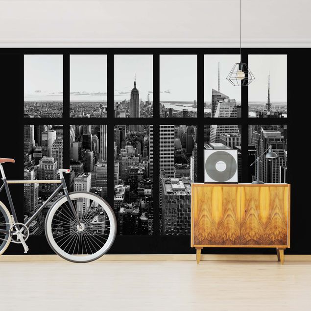 Fototapete - Fenster Manhattan Skyline schwarz-weiss