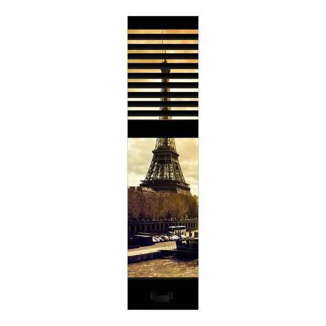 Schiebegardinen Set - Fensterausblick Jalousie - Paris Eiffelturm Sonnenuntergang - Flächenvorhänge