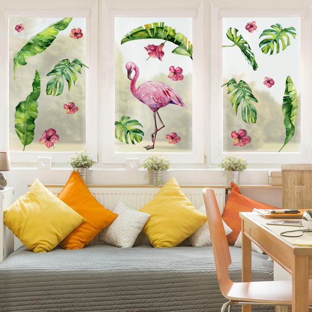 Fensterfolie Fenstersticker - Dschungel Flamingo Blätter Set