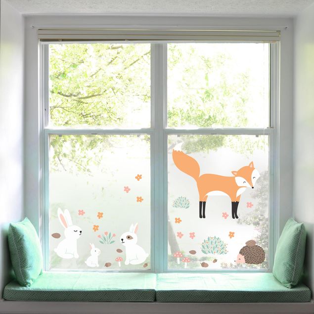 Fensterfolie Fenstersticker - Forest Friends mit Hasen Igel und Fuchs - Fensterbild