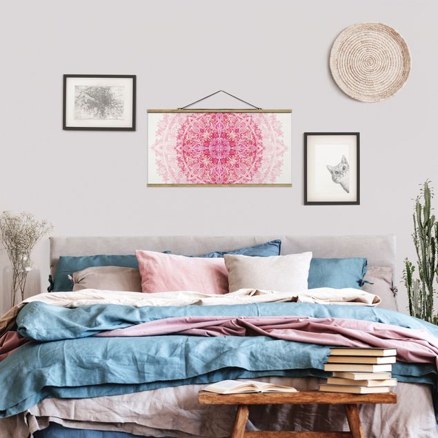 Stoffbild mit Posterleisten - Mandala Aquarell Ornament pink - Querformat 2:1