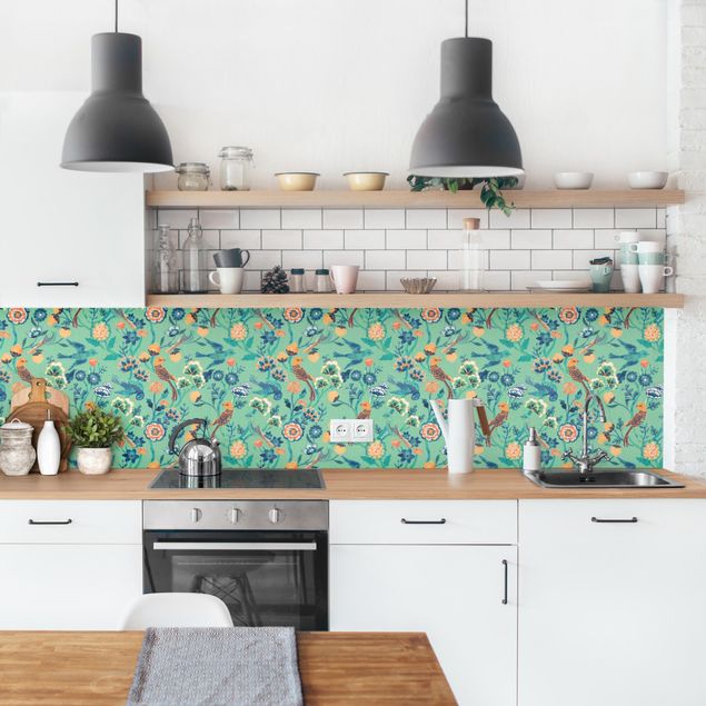 Küchenrückwand - Indisches Muster Vögel mit Blumen Türkis