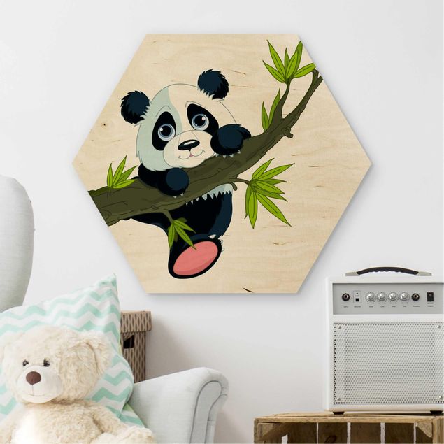 Hexagon Bild Holz - Kletternder Panda