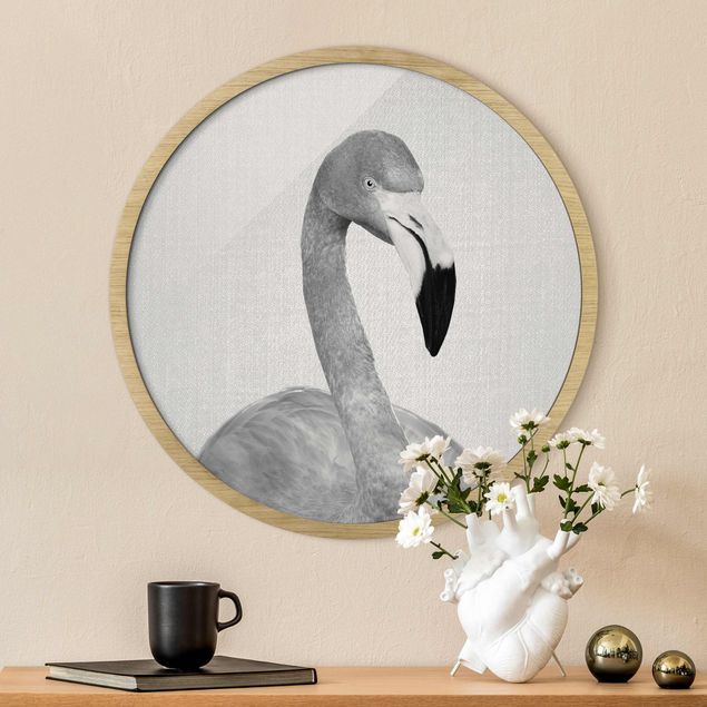 Rundes Gerahmtes Bild - Flamingo Fabian Schwarz Weiß
