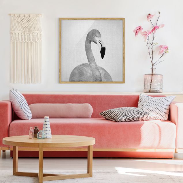 Bild mit Rahmen - Flamingo Fabian Schwarz Weiß - Quadrat - 1:1