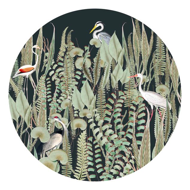Runde Tapete selbstklebend - Flamingo und Storch mit Pflanzen auf Grün