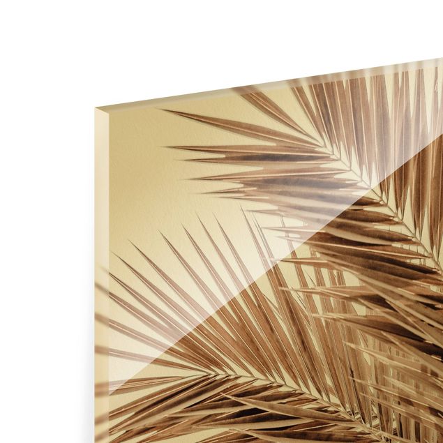 Glasbild mehrteilig - Strand und goldene Palmen 3-teilig