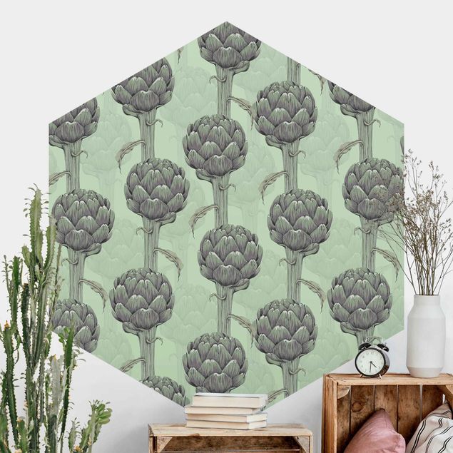 Hexagon Mustertapete selbstklebend - Florale Eleganz Artischocke mit Grünverlauf XXL