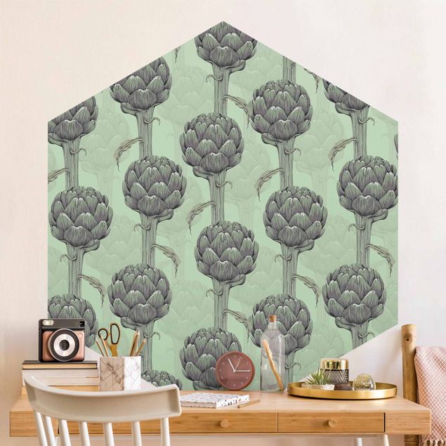 Hexagon Mustertapete selbstklebend - Florale Eleganz Artischocke mit Grünverlauf XXL