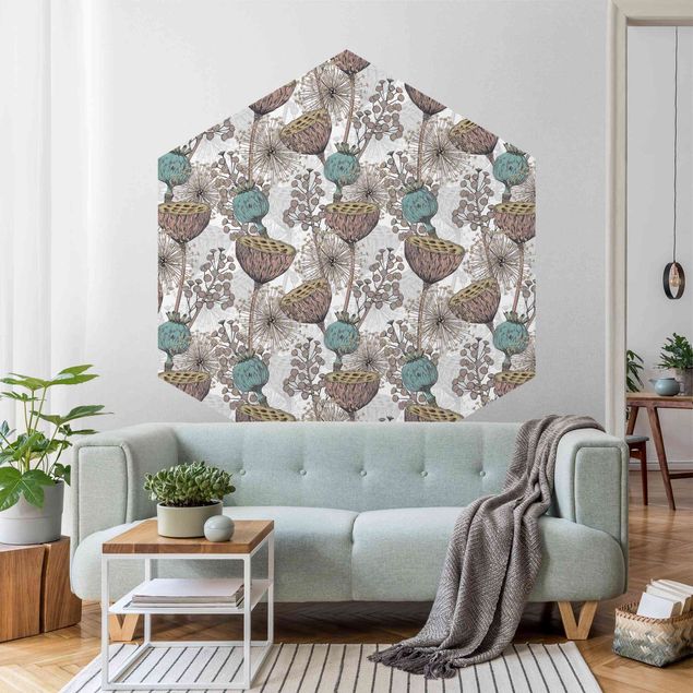 Hexagon Mustertapete selbstklebend - Florale Eleganz Blumendekor XXL