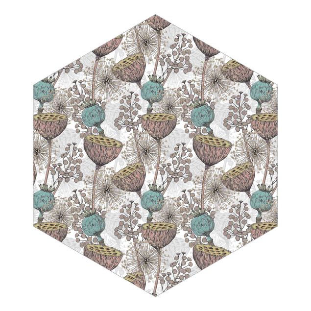Hexagon Mustertapete selbstklebend - Florale Eleganz Blumendekor XXL