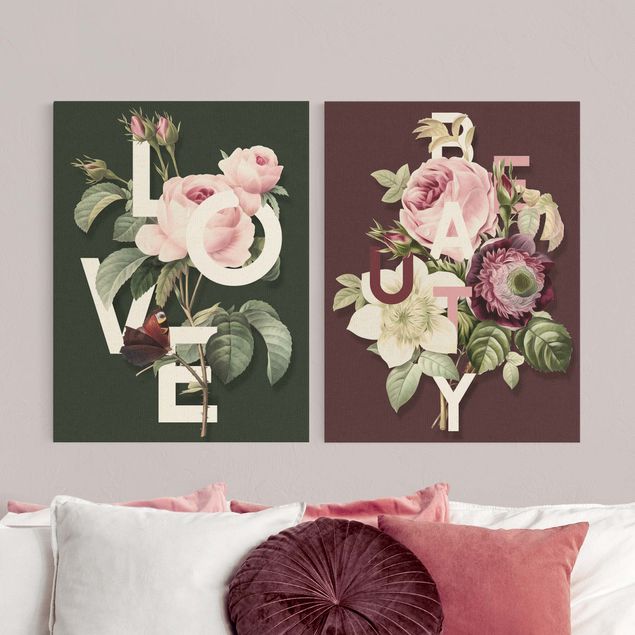2-teiliges Leinwandbild - Florale Typografie - Love & Beauty