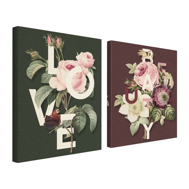 2-teiliges Leinwandbild - Florale Typografie - Love & Beauty