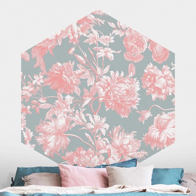 Hexagon Mustertapete selbstklebend - Floraler Kupferstich Rosagrau