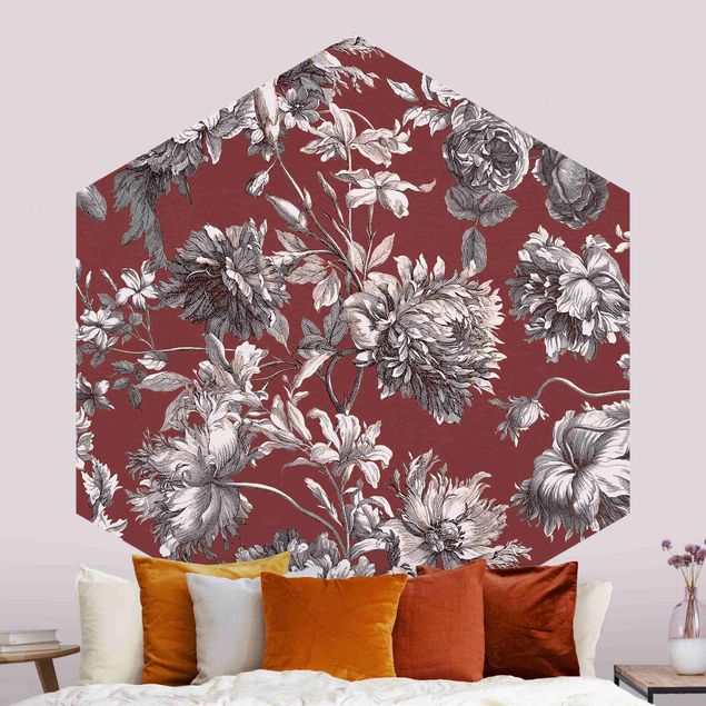 Hexagon Mustertapete selbstklebend - Floraler Kupferstich Rotbraun