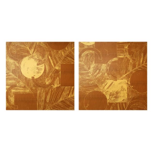 2-teiliges Leinwandbild - Formen und Blätter Kupfer