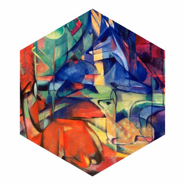 Hexagon Mustertapete selbstklebend - Franz Marc - Rehe im Walde