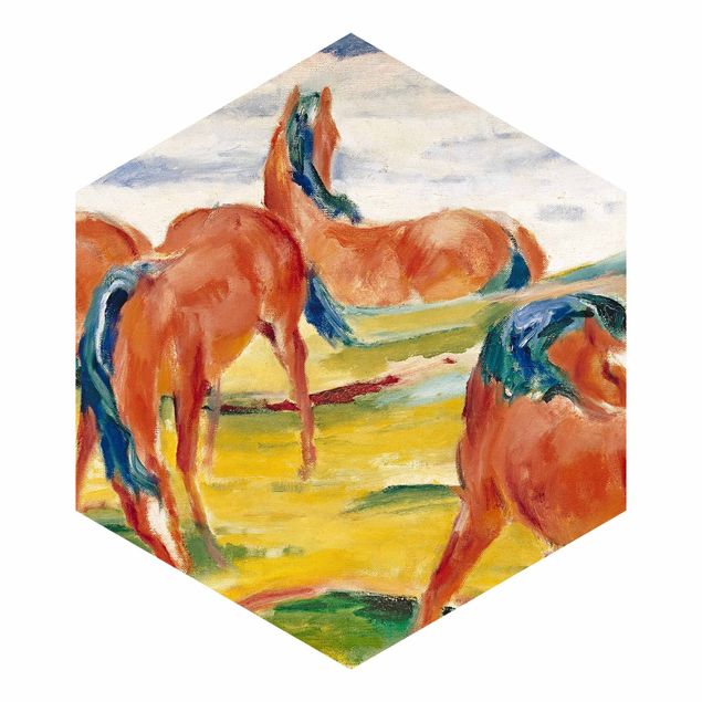 Hexagon Mustertapete selbstklebend - Franz Marc - Weidende Pferde