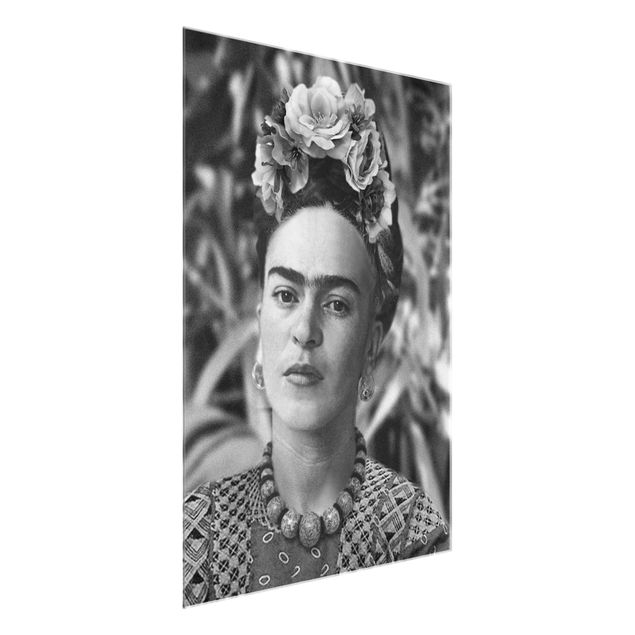 Glasbild - Frida Kahlo Foto Portrait mit Blumenkrone - Hochformat