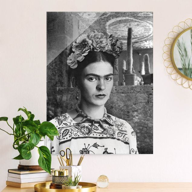 Glas Magnettafel Frida Kahlo Foto Portrait vor Kakteen