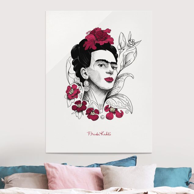 Magnettafel Glas Frida Kahlo Portrait mit Blüten