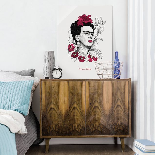 Glasbild - Frida Kahlo Portrait mit Blüten - Hochformat