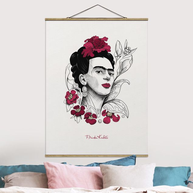 Stoffbild mit Posterleisten - Frida Kahlo Portrait mit Blüten - Hochformat 3:4