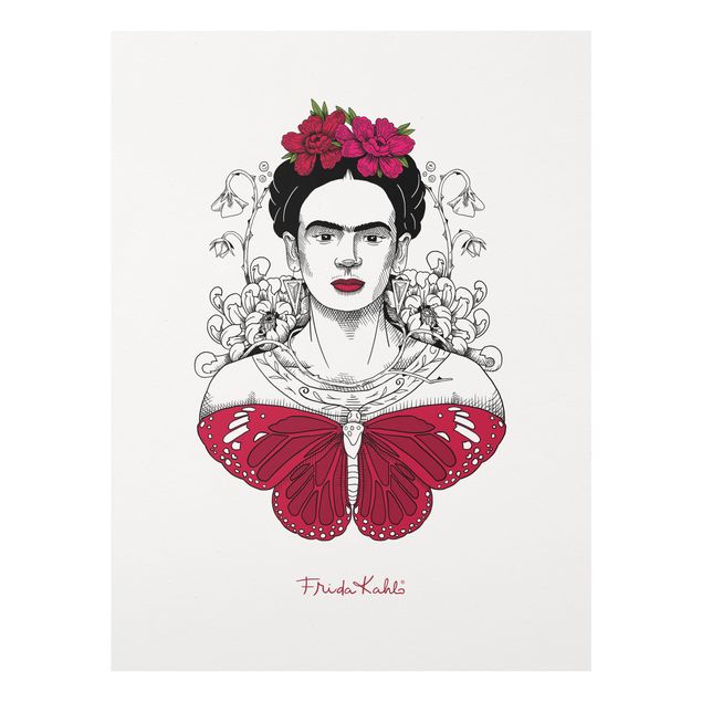 Glasbild - Frida Kahlo Portrait mit Blüten und Schmetterling - Hochformat