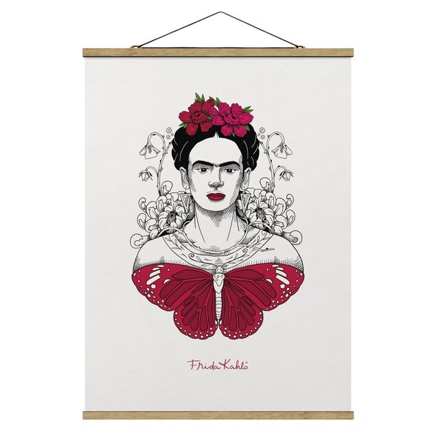 Stoffbild mit Posterleisten - Frida Kahlo Portrait mit Blüten und Schmetterling - Hochformat 3:4